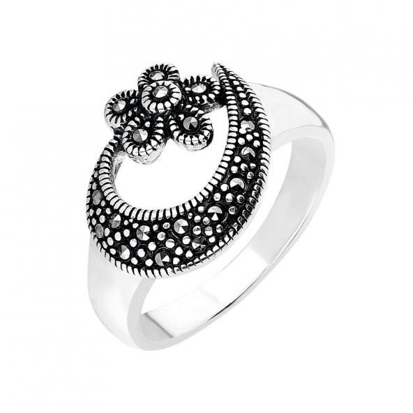 925 Ayar Gümüş Siyah Zirkon Taşlı Çiçek-Hilal Tasarım Bayan Yüzük - 3