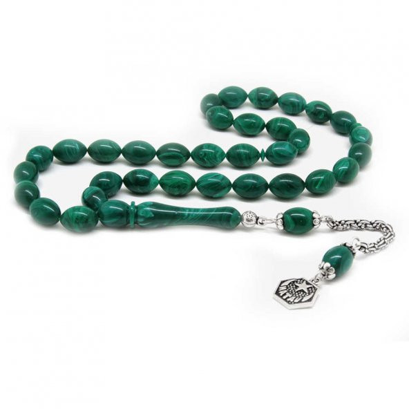 925 Ayar Gümüş Vatan Püsküllü Arpa Kesim Yeşil Sıkma Kehribar Tesbih