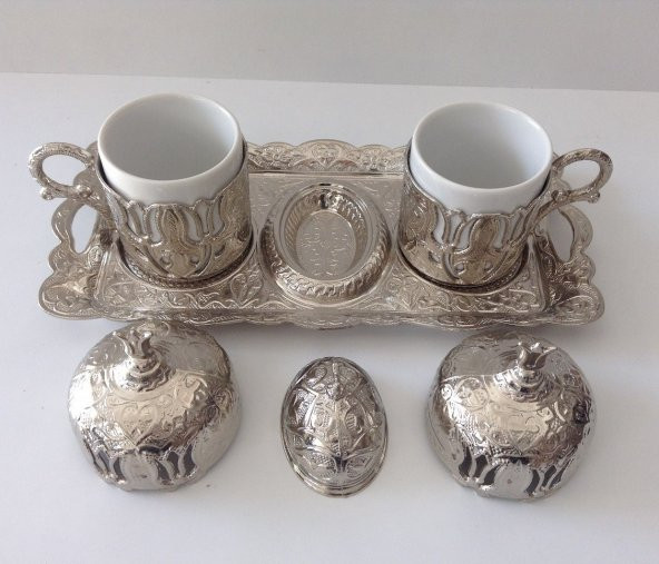 Osmanlı Motifli 2 Kişilik Kahve Fincan Takımı. İkili Gümüş Set