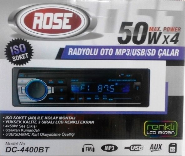 ROSE DC-4400BT-BLUETOOTH-USB-SD KART-MP3-RADYO-4X50W OTO TEYP