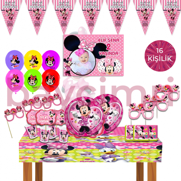 AFİŞLİ Minnie Mouse MİNİ Doğum Günü Parti MALZEMELERİ Süsleri Seti 16 Kişilik