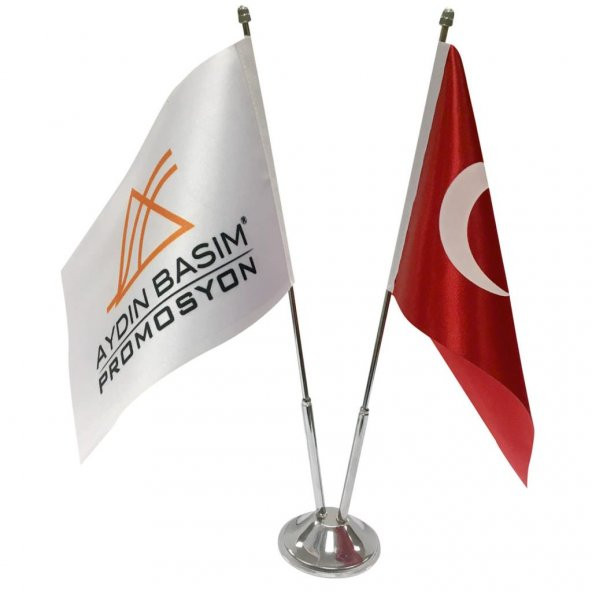 İkili Firma+Türk Bayrak, Masa Bayrağı Saten Bayrak Krom Direkli