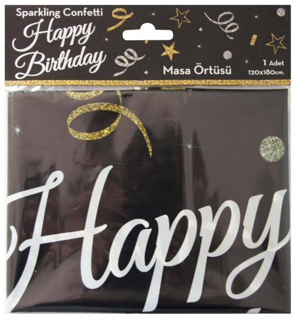 Happy Birthday Siyah Doğum Günü Plastik Masa Örtüsü 120x180cm