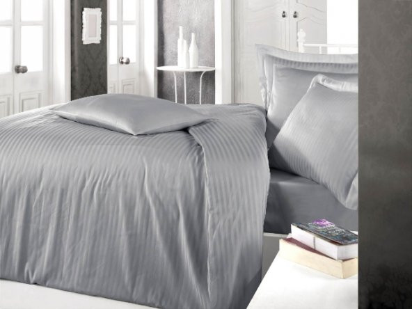 Clasy Çizgili Saten Nevresim Takımı Çift Kişilik Gri ürün görseli