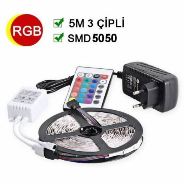 Rgb SMD 5050 3 Çipli Dış Mekan 16 Renkli Şerit Led Kumandalı Takım Rgb Şerit Led 3M Şerit Led
