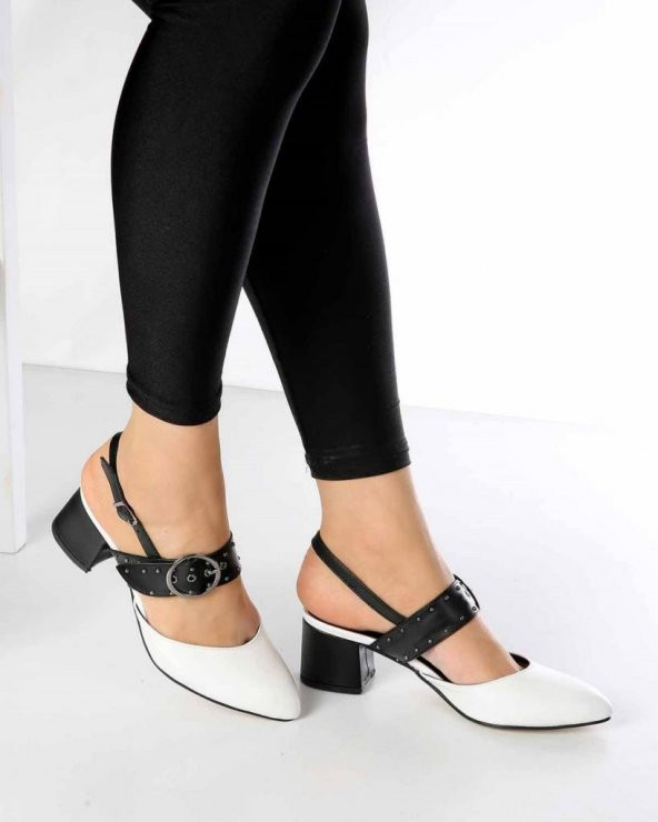 Alcia Siyah Beyaz Cilt Topuklu Kadın Ayakkabı