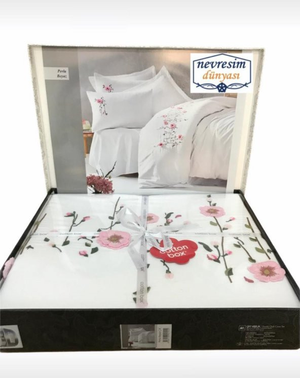 Cotton Box 3D Nakışlı Çift Kişilik Saten Nevresim Takımı Perla Beyaz - 3