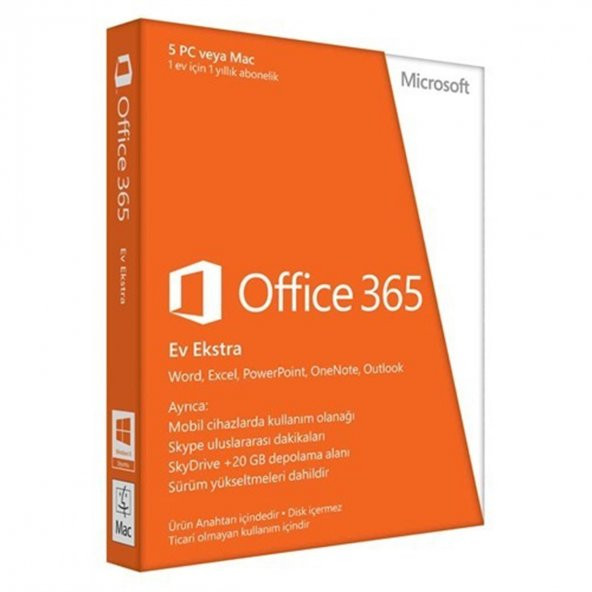 Kutulu Microsoft Office 365 Ev Ekstra 5 PC veya MAC 1 Yıl 6GQ-00190