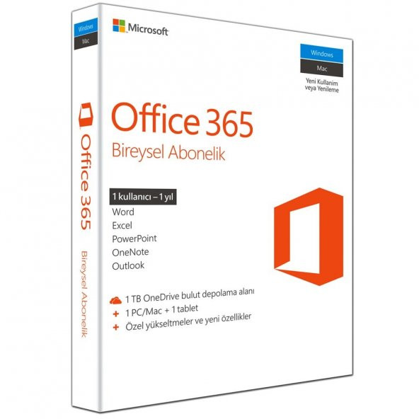 Office 365 Bireysel Abonelik 1 Kullanıcı 1 Yıl - PC/Mac + 1 Tablet QQ2-00521