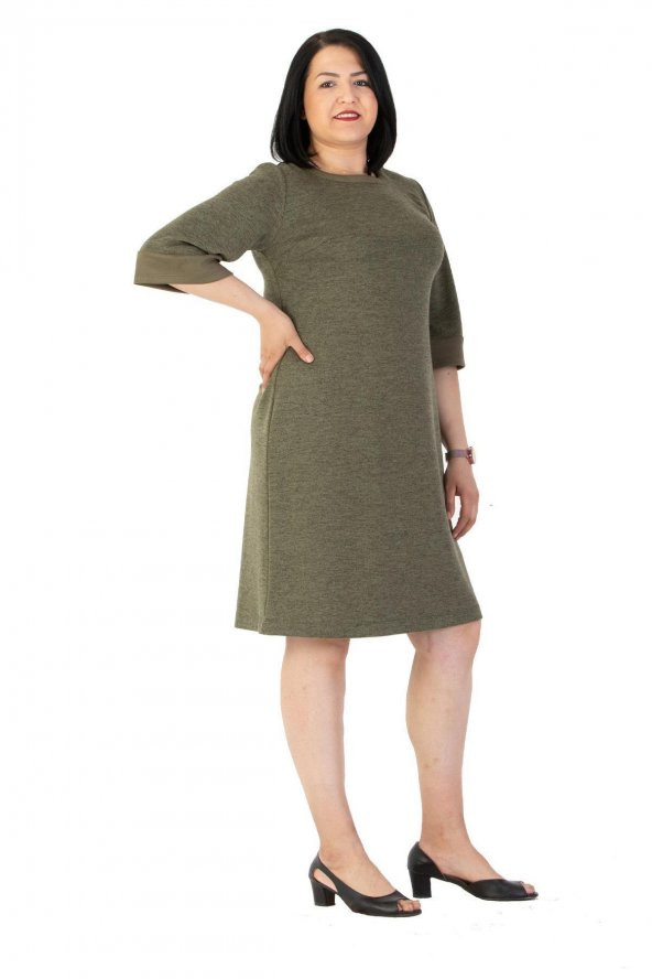 Günay Kadın Büyük Beden Elbise CcCalor Sonbahar Kış O Yaka Truvakar Kol-HAKİ