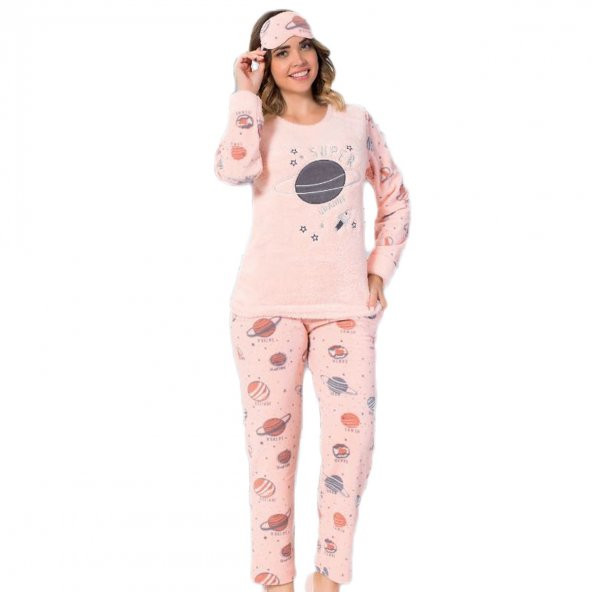 Gezegen Desenli Bayan Peluş Pijama Takımı
