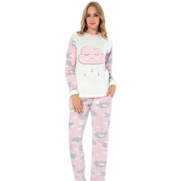 Tek Bulut Desenli Bayan Peluş Pijama Takımı