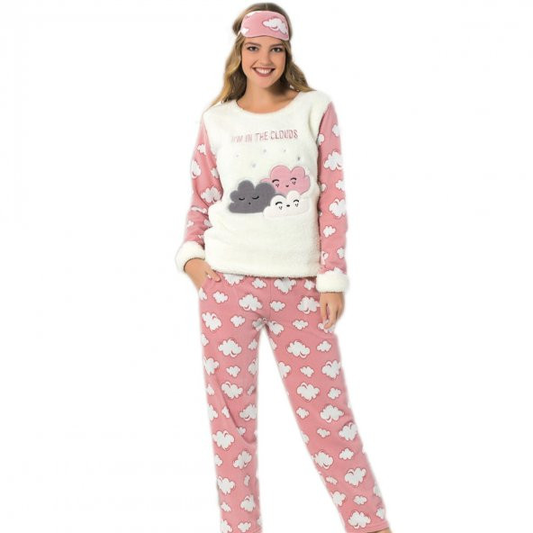 Somon Bulut Desenli Bayan Peluş Pijama Takımı
