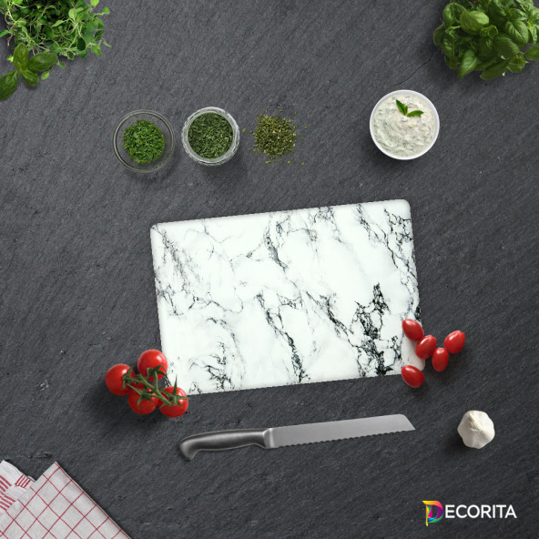 DECORITA Cam Kesme Tahtası - Beyaz Mermer Görünümlü