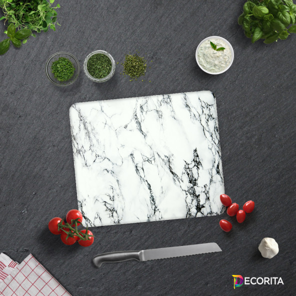DECORITA Cam Kesme Tahtası - Beyaz Mermer Görünümlü - 2