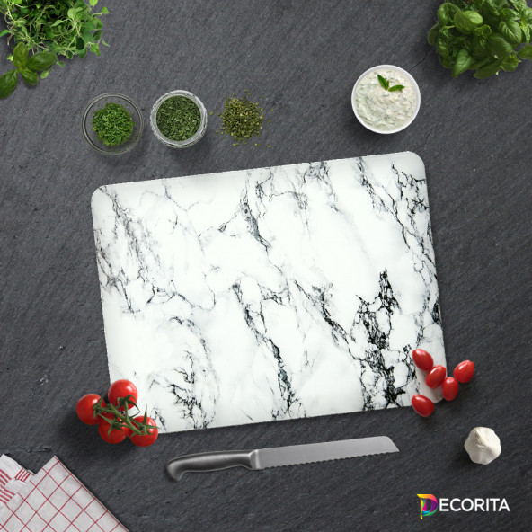 DECORITA Cam Kesme Tahtası - Beyaz Mermer Görünümlü - 3