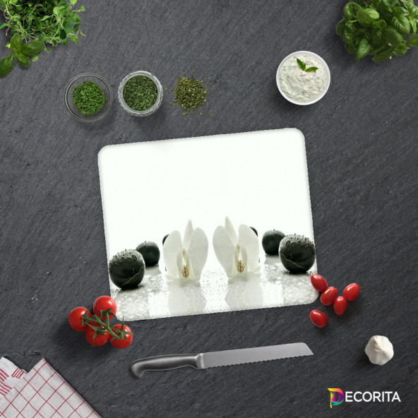 DECORITA Cam Kesme Tahtası - Beyaz Orkide ve Siyah Oniks - 2