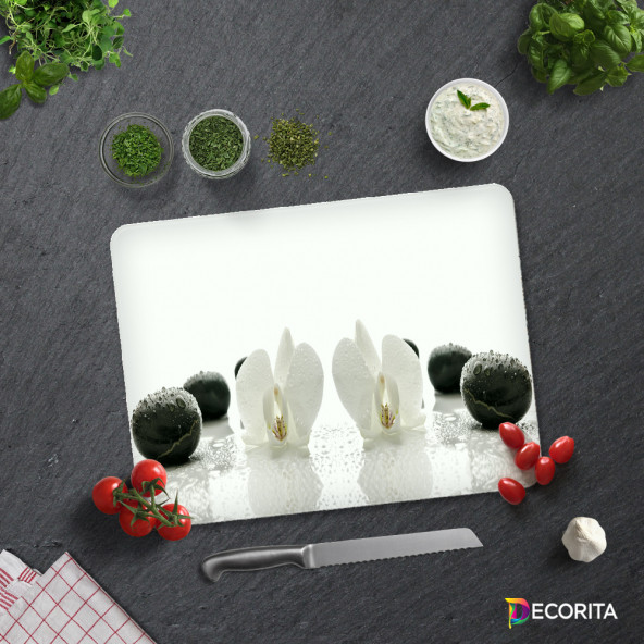 DECORITA Cam Kesme Tahtası - Beyaz Orkide ve Siyah Oniks - 3