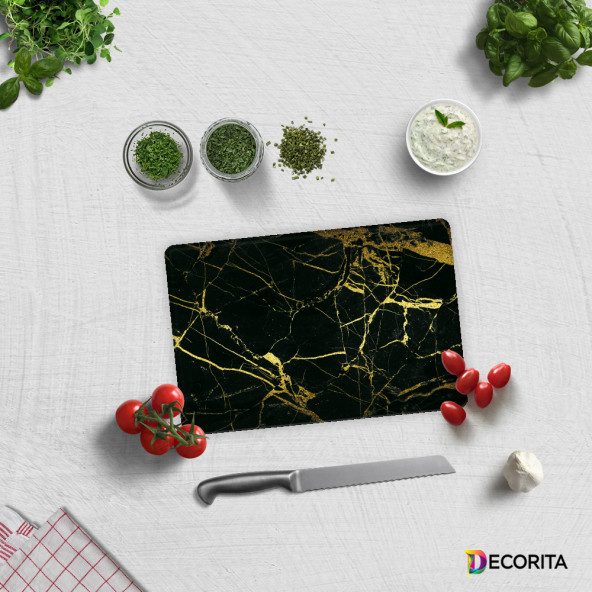 DECORITA Cam Kesme Tahtası - Altın Detaylı Siyah Mermer