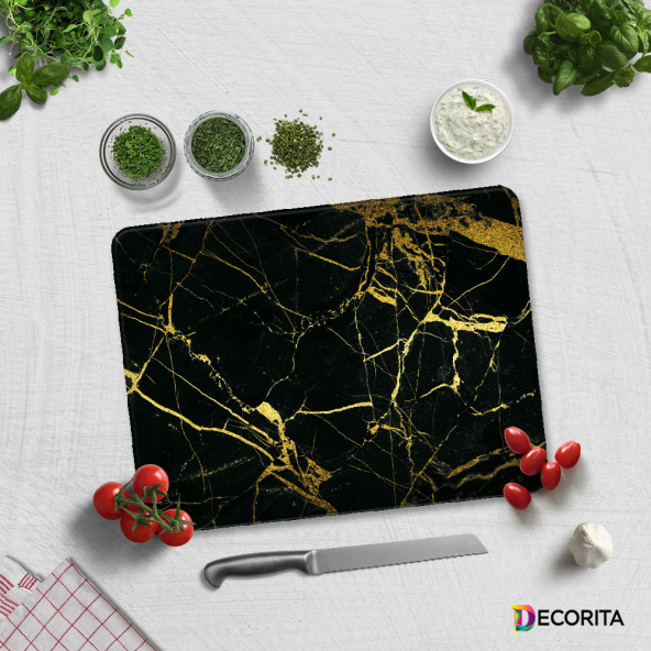 DECORITA Cam Kesme Tahtası - Altın Detaylı Siyah Mermer - 3