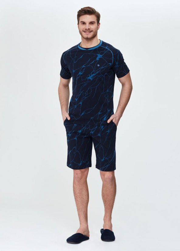 DAGİ 3LÜ MODAL MERMER DESEN ÜST ERKEK PİJAMA-ŞORT TAKIMI LACİVERT E0219Y0023LC - Resim 3