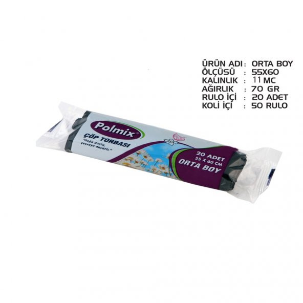Polmix Standart Orta Boy Çöp Torbası 55x60 cm 50 Rulo Siyah