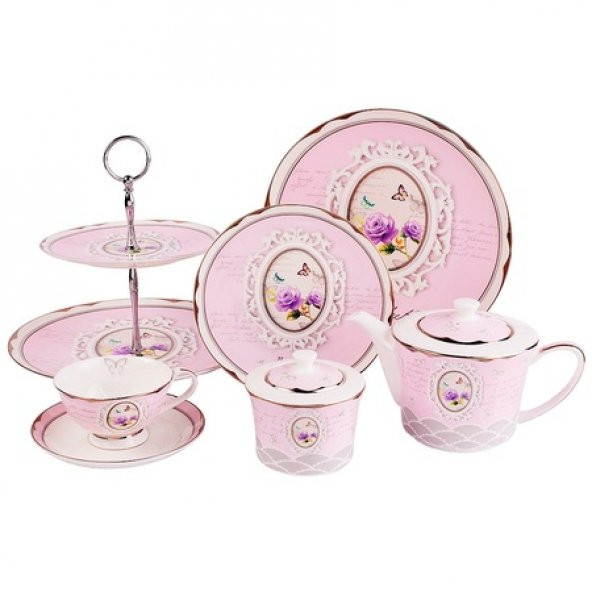 Taç 1006 24 Parça Pink Çay Seti Kahvaltı Çay Kahve Pasta Takımı