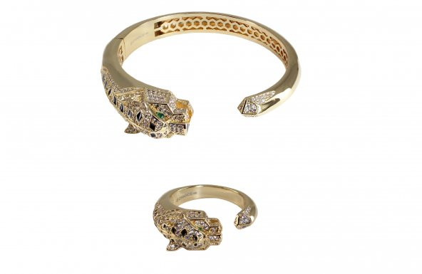 İtalyan Tasarım Pırlanta Çelik Gümüş Altın Panter Leopar Set - 1