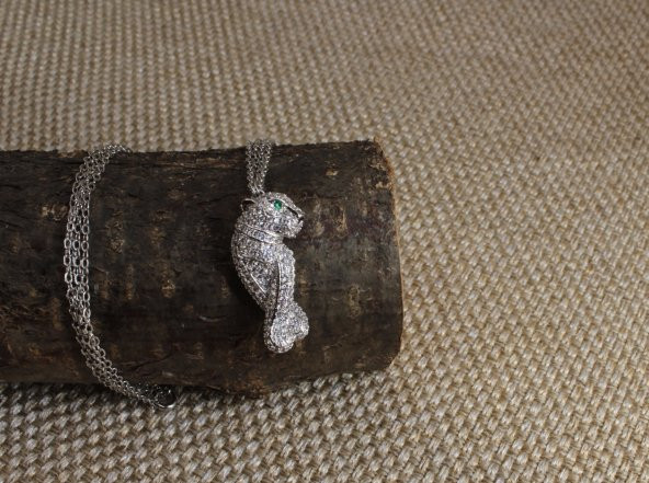 İtalyan Tasarım Pırlanta Çelik Gümüş Altın Panter Leopar Kolye - 2