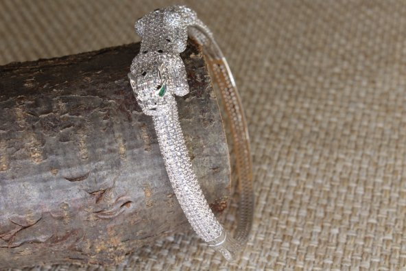 Pırlanta Gümüş Altın Panter Leopar Bileklik Kelepçe Bilezik - 5