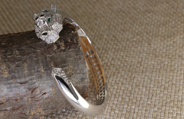 Pırlanta Çelik Gümüş Altın Panter Leopar Bileklik Kelepçe Bilezik - 5