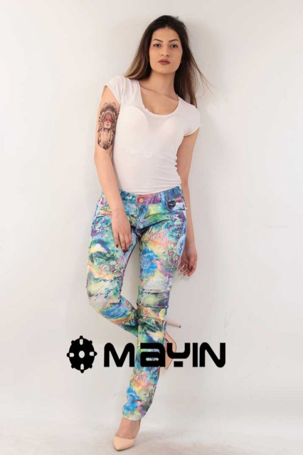 Çiçek Desenli Rengarenk Kamuflaj Kadın Kot Pantolon Full Likralı