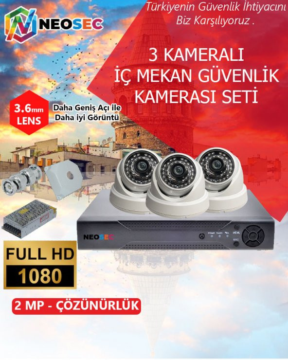 3 KAMERALI (İÇ MEKAN) GÜVENLİK KAMERASI SETİ 1080p HD