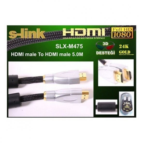 S-link SLX-M475 HDMI M/M 5m Altın Uçlu 24K+ Metal Kon. 1.4 Ver. 3D Kablo