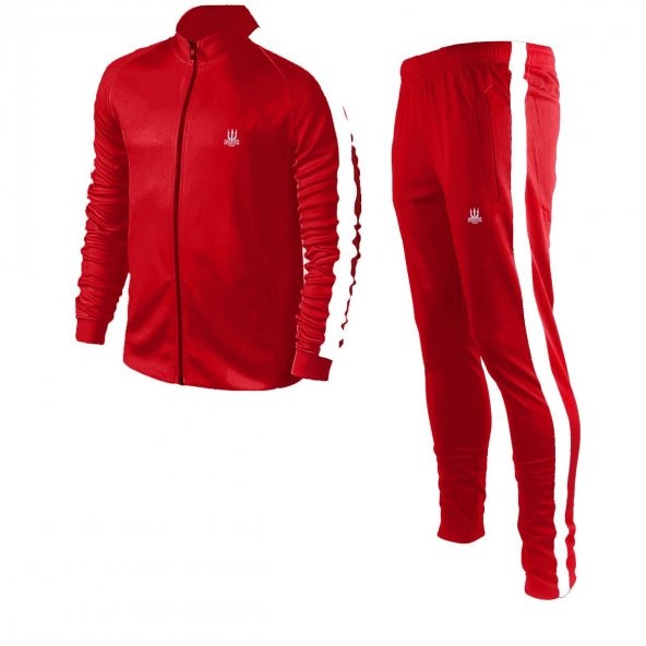 Erkek Kırmızı Sporcu Eşofman Takımı - beyaz şerit
