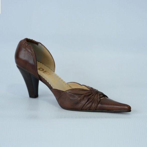 Deda Bayan Sivri Burunlu Kahverengi Hakiki Deri Topuklu Ayakkabı 3050