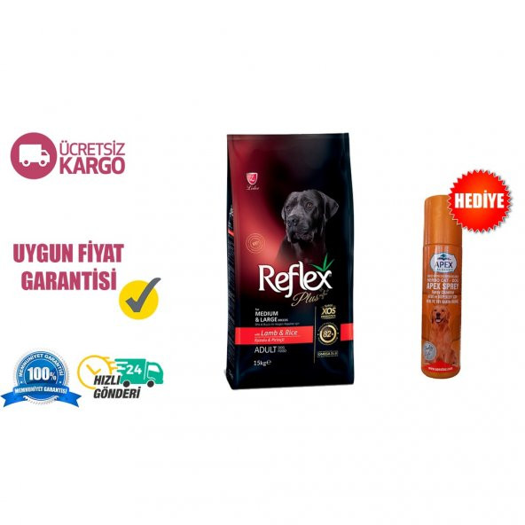 Reflex Plus Orta ve Büyük Irk Kuzu Etli Yetişkin Köpek Maması 15 Kg + Tüy Bakım Spreyi