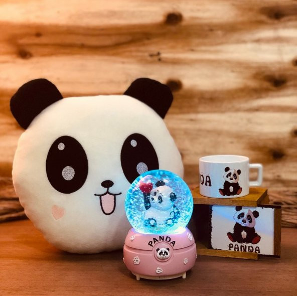 Sevimli Panda Müziki Kar Püskürten Gece Lambası Kar Küresi Ve Panda Yastık Kutulu Kupa Hediye Seti