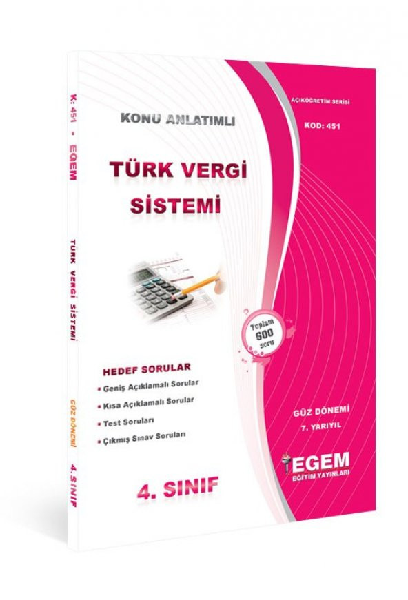 Aöf Türk Vergi Sistemi 4. Sınıf Güz Dönemi Konu Anlatımlı Soru Kitabı Tek EGEM YAYINLARI