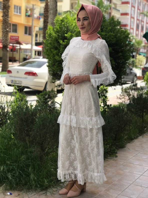 Yazlık Tesettür Abiye Elbise - Beyaz - 2