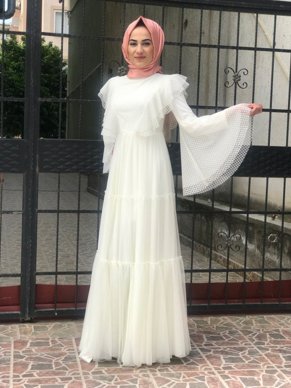 Tesettür Abiye Elbise - Ekru - 2