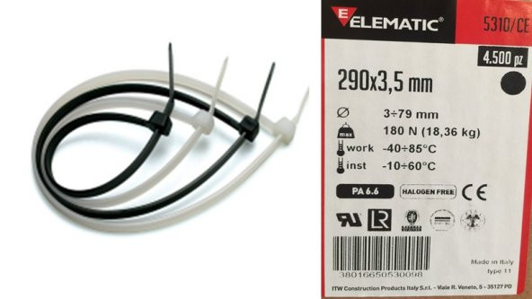 3.5 x 290 Siyah Kablo Bağı Plastik Kelepçe   (100 Ad)