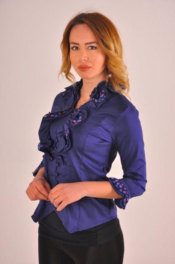Fırfırlı lacivert bayan bluz gömlek 4430-3-232