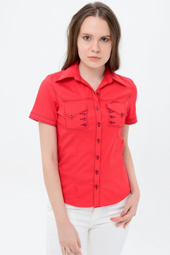 Kırmızı kısa kol bayan gömlek 4275-2