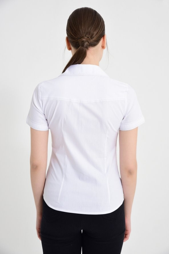 Beyaz kısa kol çift cep bayan gömlek 4275-2