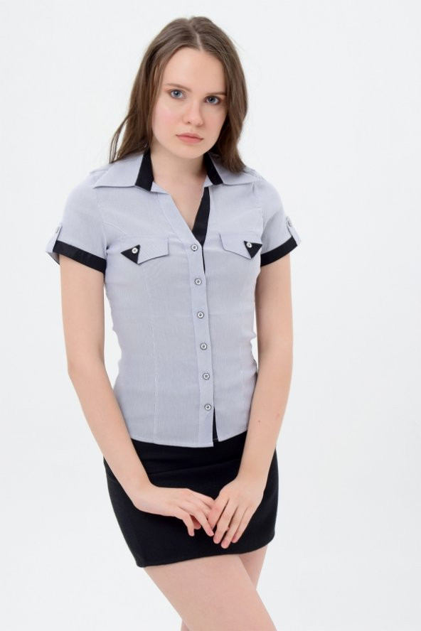 Gri kısa kol siyah şeritli bayan gömlek 710-2
