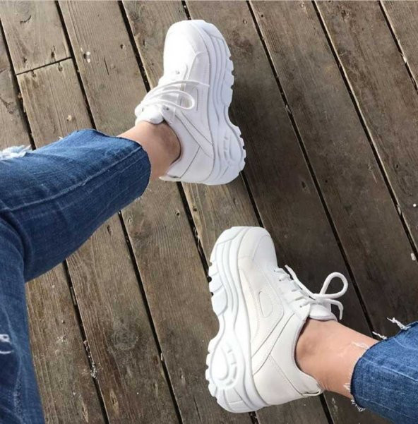 Ayax 12432 Kalın Yüksek Taban Beyaz Bayan Spor Ayakkabı (36-40) - 3