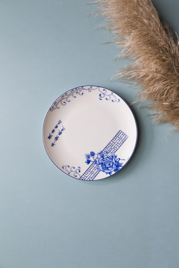 Mavi Çiçekli Çini Yazılı Seramik Tatlı Ve Kahvaltı Tabağı 4 Adet