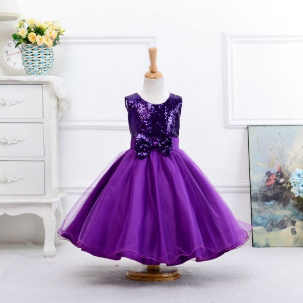Kız Çocuk Prenses Model Kabarık Payetli Kız Çocuk Abiye Mor Elbise Doğum Günü Elbisesi Party Elbisesi