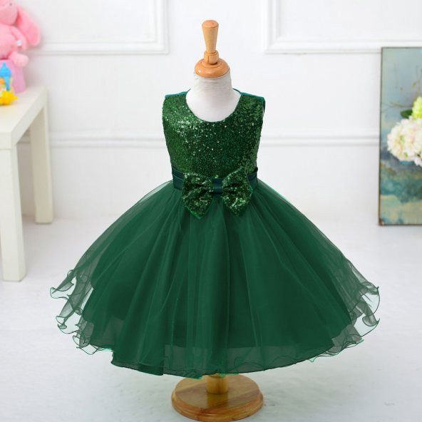 Kız Çocuk Özel Tasarım Kabarık Zümrüt Yeşili Abiye Elbise Party Doğum Günü Elbisesi